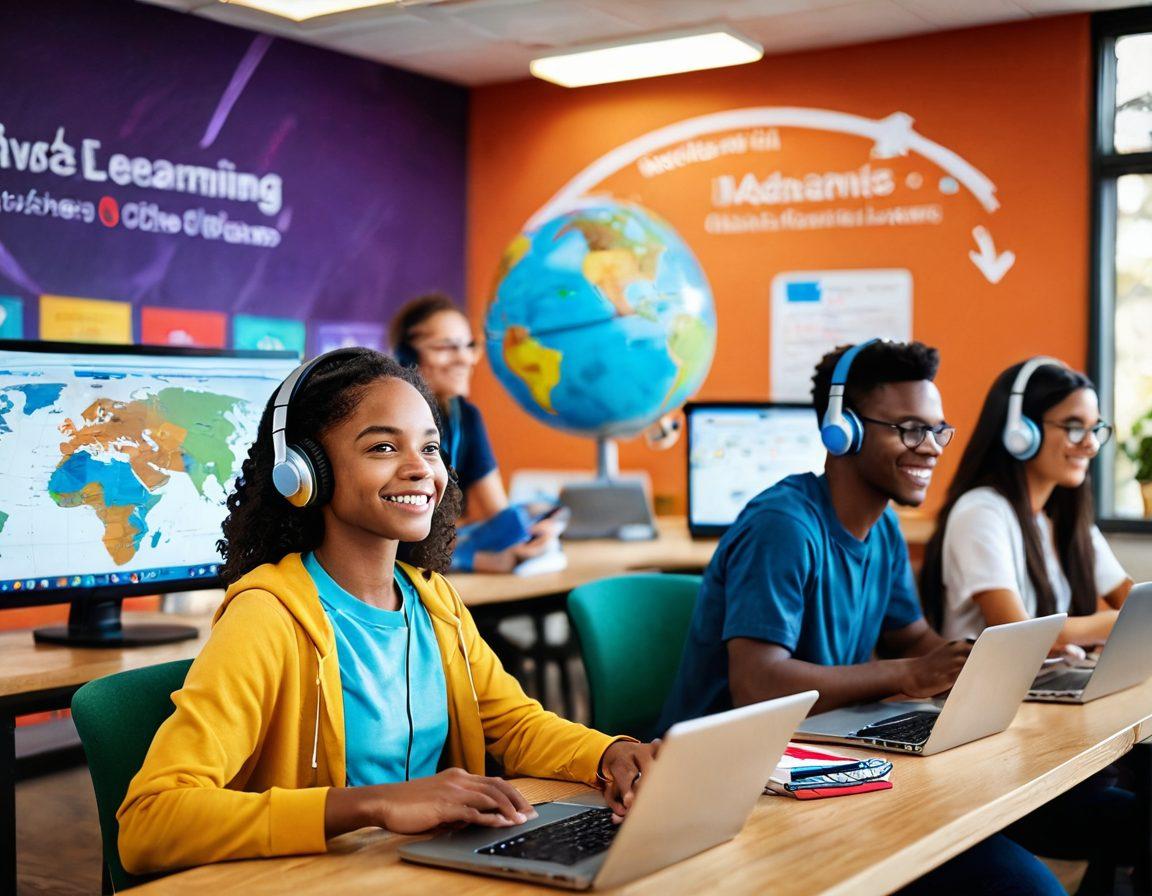 A bright, diverse online classroom scene featuring students engaged in virtual learning with laptops and headphones, showcasing a globe, books, and digital devices scattered around, symbolizing academic success. Include elements like a progress graph and interactive learning tools on screen. Captivate with a warm, inviting atmosphere and dynamic expressions of joy and excitement. super-realistic. vibrant colors. soft-focus background.