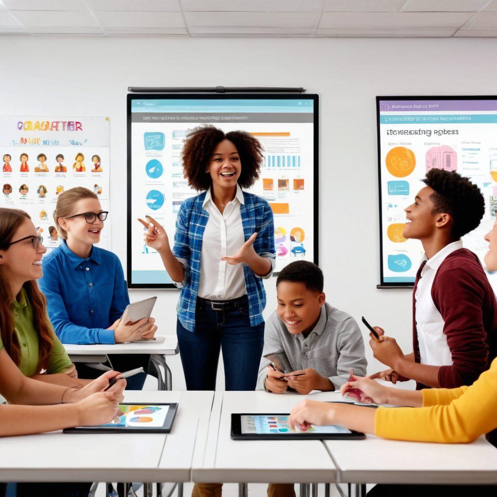A vibrant classroom setting with diverse students engaged in interactive learning using tablets and collaborative tools. Include educational posters on the walls and a teacher encouraging group discussions. Capture the energy and enthusiasm of student participation with dynamic poses and expressions. super-realistic. vibrant colors. white background.