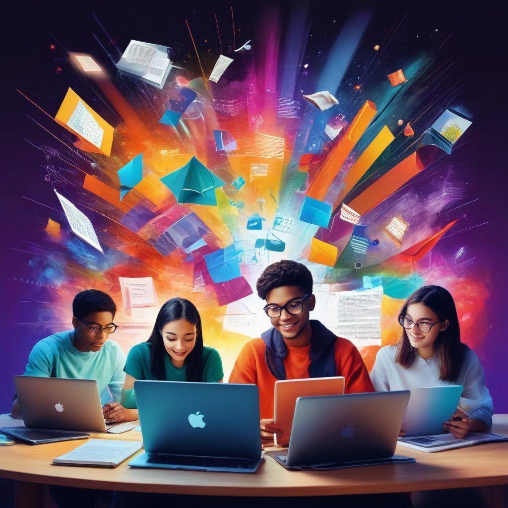 A vibrant digital collage featuring a diverse group of students engaged in various online courses, interacting with laptops and tablets. Elements like books, charts, and motivational quotes float around them, symbolizing growth and discovery. The background should be an abstract representation of a digital classroom, blending technology and creativity. Incorporate energetic colors and modern design elements to convey excitement and engagement. vector art. vibrant colors.